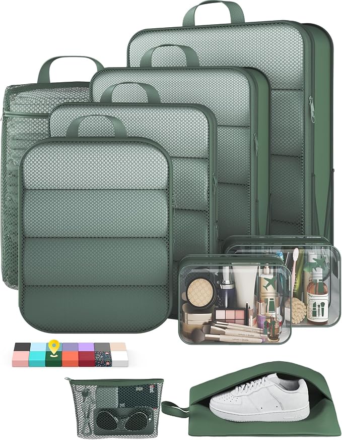 Veken 9/11 Set Compression Packing Cubes for Travel Essentials,Compressible Expandable Luggage Suitcase Organizer Bags with Garment Bag,Space Saver Bags with Over 1000 pcs of Mesh Holes(Dark Green) by Veken