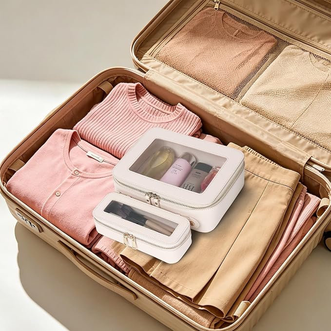 Clear Travel Makeup Bag, Beige, L+Slim | With Brush Bag, Transparent, Waterproof, With Zipper - Image 6
