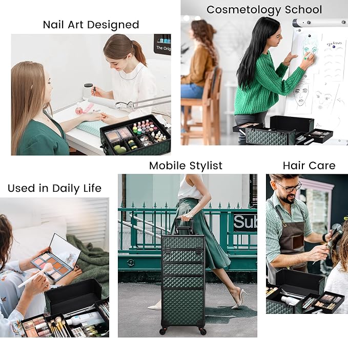 Stagiant Rolling Makeup Train Case Cosmetology Case on Wheels 4 in 1 Cosmetic Box Makeup Travel Case with Key Swivel Wheels Nail Artist Salon Barber StorageTraveling Cart Trunk Dark Green - Image 3