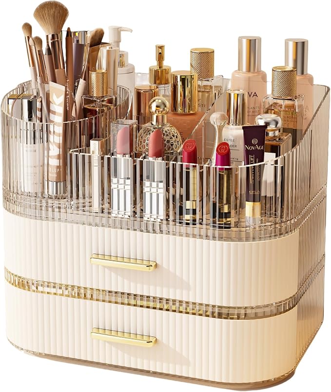 Makeup Organizer with 360 Rotating Brush Holder and Stackable Drawers, Cosmetic Display Case for Vanity, Bathroom Countertop (White, 3 Layer) by Unknown