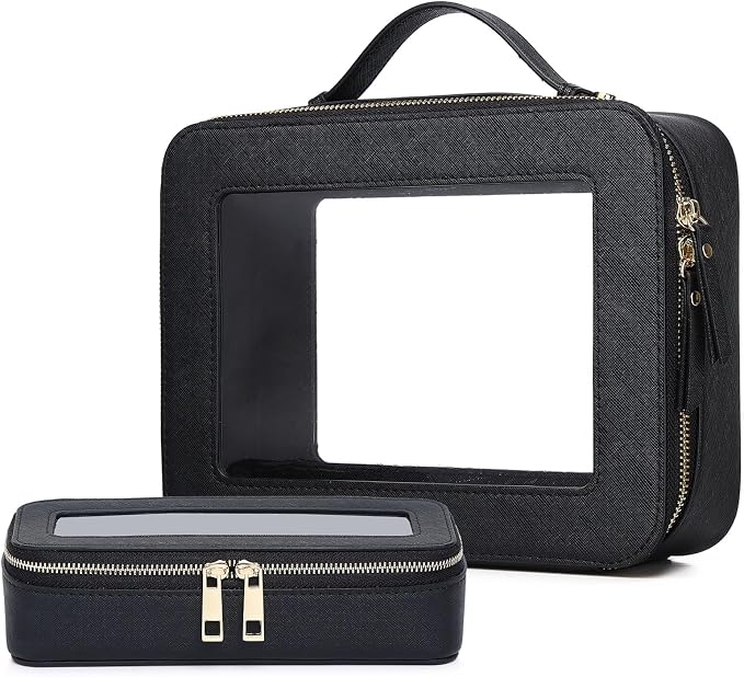 Pinkmik Clear Makeup Bag with Brush Bag 2pcs Waterproof Travel Case for Cosmetics and Toiletries Women's Cosmetic Organizer with Zipper (Black, L+SLIM) by Pinkmik