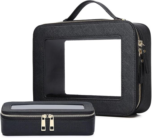 Pinkmik Clear Makeup Bag with Brush Bag 2pcs Waterproof Travel Case for Cosmetics and Toiletries Women's Cosmetic Organizer with Zipper (Black, L+SLIM) by Pinkmik