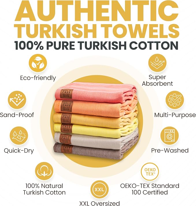 Gold CASE LYCIA Turkish Beach Towel Set of 6 – 100% Cotton Turkish Beach Towels Bulk 70 x 38'' – LYCIA Oversized, Quick Dry & Sand Free Beach Towel – Lightweight Towels Set in Tones of Yellow - Image 4