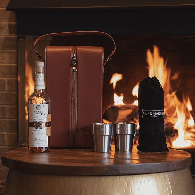 POUR & GARNISH Bourbon, Whiskey & Wine Double Bottle Travel Bag – Vegan Leather Spirits Carrier with 4 Stainless Steel Insulated Glasses & Gift Pouch – Luxury Barware Gift - Image 3