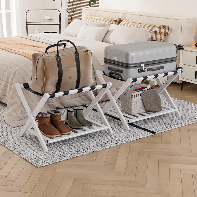Smart FENDEE 2 Packs Fully Assembled Luggage Racks with Shoe Shelf, Suitcase Stand with Fold & Lock System, Bamboo Luggage Stand Ideal for Guest Room, Bedroom, Hotel, White by SmartFENDEE