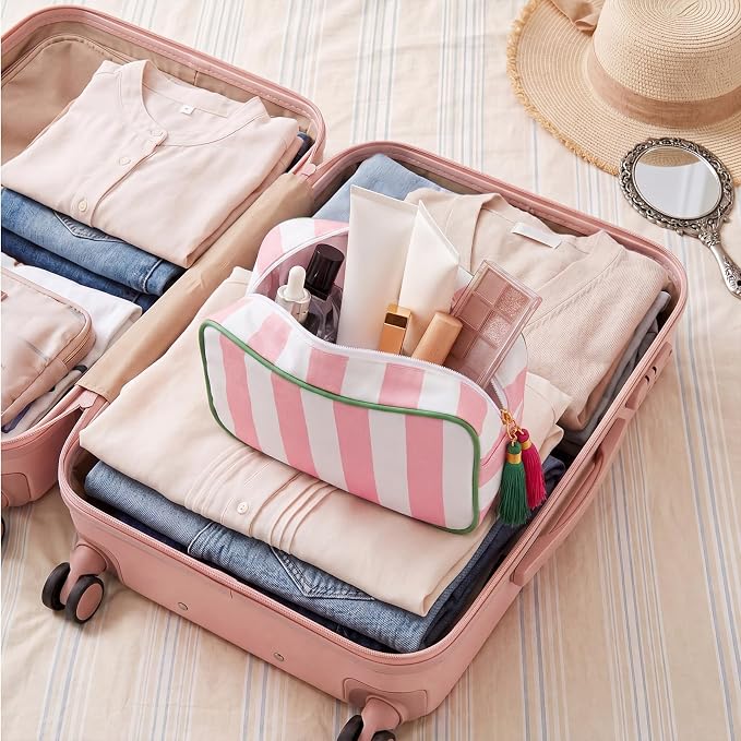 Kacctyen 6 Pack Light Pink and White Striped Makeup Bag bulk with Tassel Travel Cosmetic Pouch Organizer Large Zipper Toiletry Case for Women Aesthetic Storage Pouch Mahjong Tile Bag - Image 7