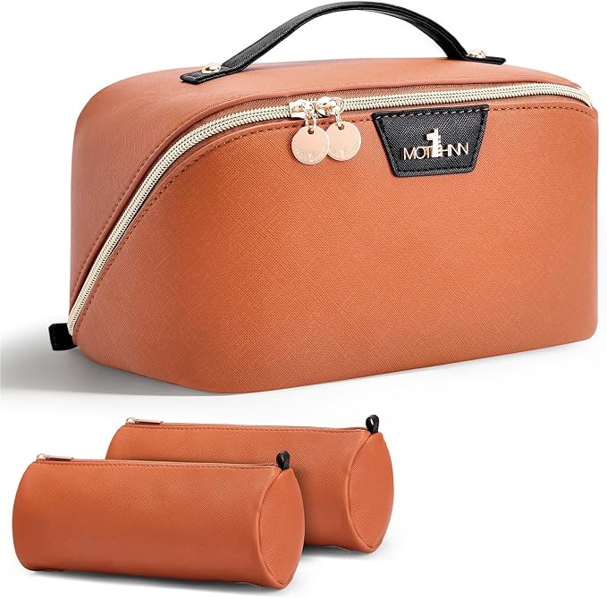 Travel Makeup Bag for Women: 3-in-1 Large Capacity Cosmetics Organizer with 2 Detachable Pouch - Vegan Leather Flat Open Toiletry Bag - Travel Essentials for Full-Sized Bottles(Orange) by Unknown