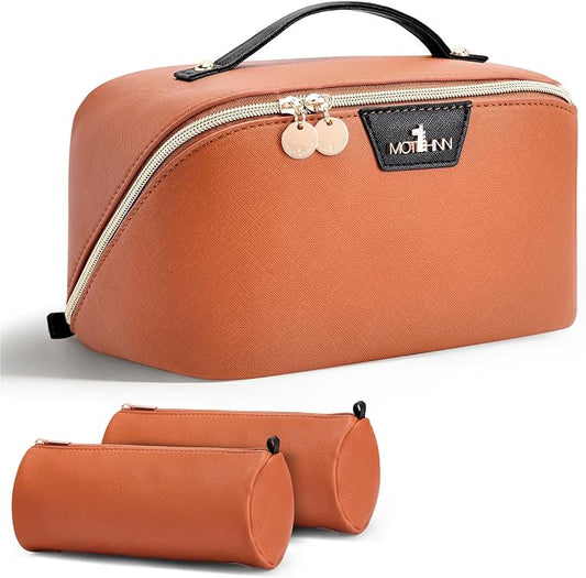 Travel Makeup Bag for Women: 3-in-1 Large Capacity Cosmetics Organizer with 2 Detachable Pouch - Vegan Leather Flat Open Toiletry Bag - Travel Essentials for Full-Sized Bottles(Orange) by Unknown