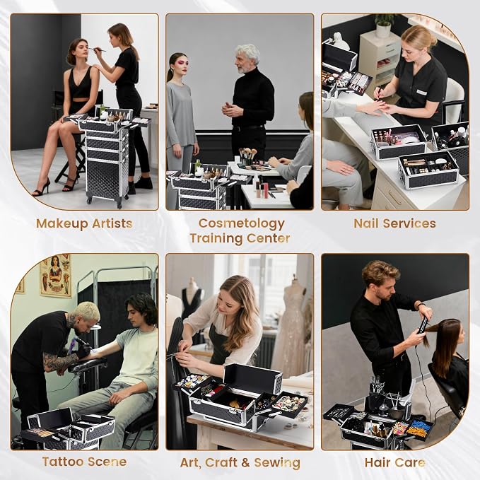 Stagiant Rolling Makeup Case Cosmetology Case on Wheels 4 in 1 Large Cosmetic Organizer Train Case Makeup Travel Case with Key Swivel Wheels Nail Artist Salon Storage Traveling Cart Trunk Black - Image 7