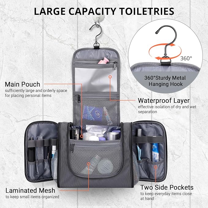 WITZMAN Toiletry Bag for Men Nylon Hanging Water-resistant Shaving Dopp Kit | With Dry-wet Separation Pocket, Multi-pockets for Organized Storage, Lightweight, For Travel, Bathroom, B690 Silvery Grey - Image 4