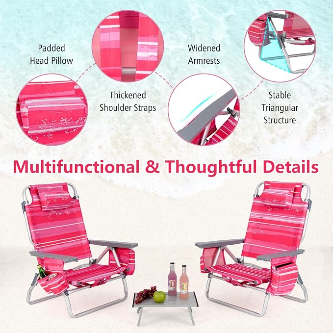 Giantex Folding Beach Chair, Patio Sling Chairs with 5 Adjustable Position, Head Pillow, Storage Bag, Towel Bar, Cup Holders, Backpack Chairs for Sunbathing, Camping Chair - Image 4