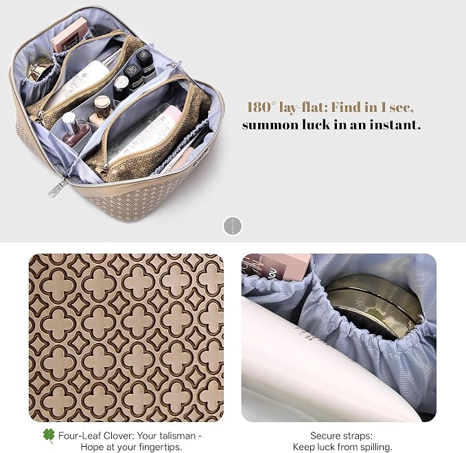 BOYATU Travel Makeup Bag for Women: Four Leaf Clover Large Capacity 3 Pcs Set Cosmetic Bags - Waterproof 50% Extra Space for Toiletry Organizer - Travel Essentials for Fortunate (05 Brown) - Image 7
