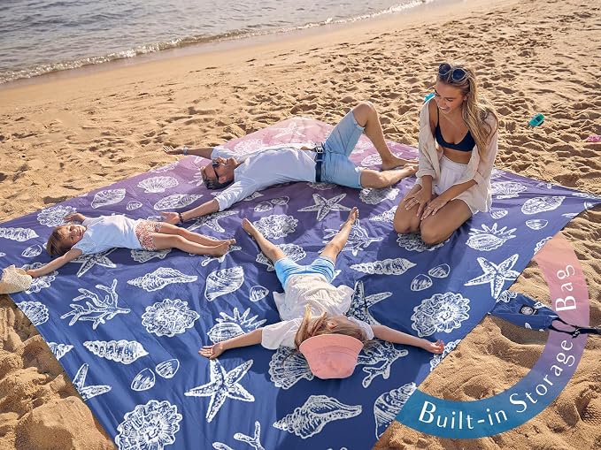 WEKAPO Beach Blanket Waterproof Sandproof Oversized, Extra Large Beach Mat Sand Free, Lightweight & Compact Sand Free Mat with 5 Stakes & 4 Corner Pockets - Image 3