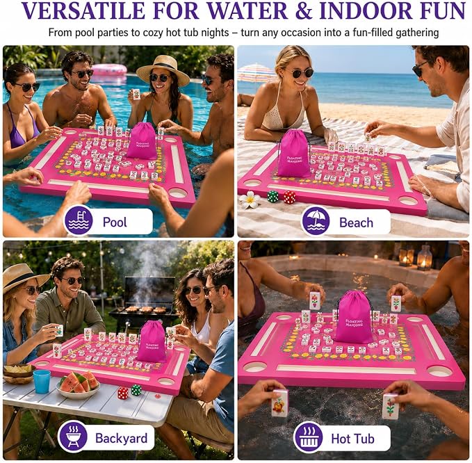 Floating Mahjong Tile Set for Pool,160 American Mahjong Tiles Waterproof EVA Foam with Dice Storage Bag for Pool Party Beach Vacation Summer Outdoor Game Set (Purple) - Image 4