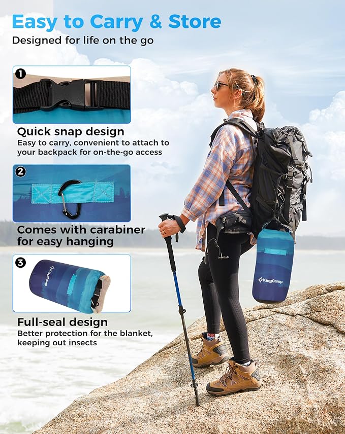 KingCamp Ultralight Camping Blanket, Packable Down Alternative Puffy Printed Wearable Blanket with Snap Buttons & Corner Loops Weatherproof Quilt for Outdoor Travel (78.7" x 57.1", Cyan/Orange) | Down Alternative Puffy Printed Blanket with Snap Buttons... - Image 6