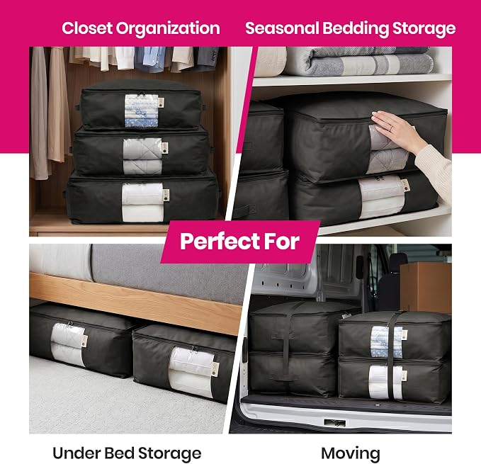 Cedar Storage Bag Organizer for Bedding Set - Protects from Moths, Moisture, Dirt & Dust - Set of 3 Storage Bags for Bed Sheets, Comforter, Pillows & More - Space-Saving Bedding Organizer, Black - Image 6