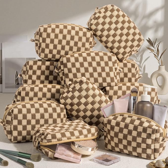 Gilprop 12 Pcs Checkered Makeup Bag for Purse Small Cosmetic Pouch Bulk Portable Zipper Makeup Pouch Travel Toiletry Organizer Gifts for Women Bridesmaid Wedding Party Favors (Brown) - Image 4