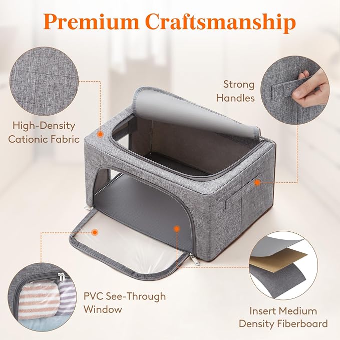 Lifewit Clothes Storage Bins with Metal Frame, Stackable Storage Box, Foldable Clothing Storage Bins with Lids, 25L Storage Bags Fabric Box Organizer with Clear Window＆ Zippers＆ Sturdy Handles 6 Pack - Image 3
