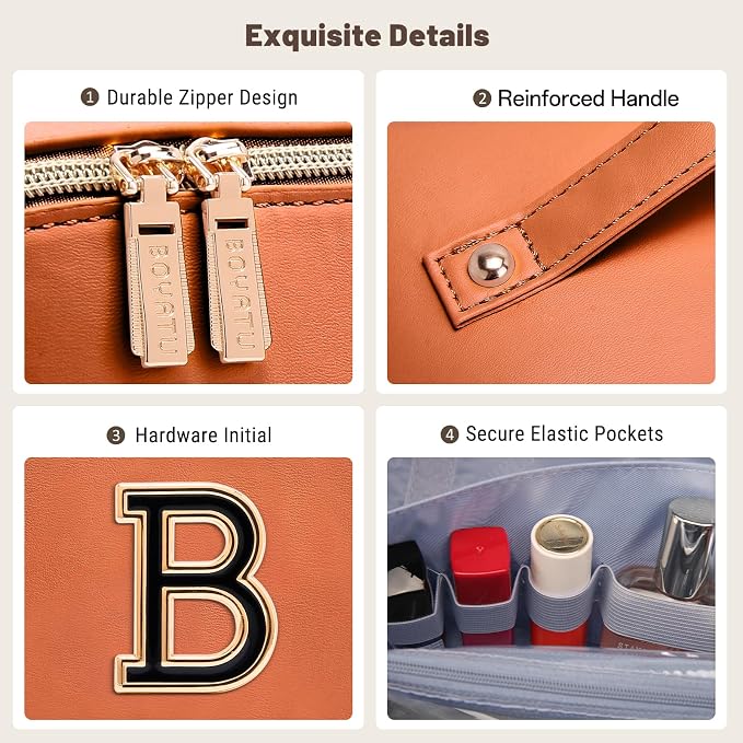 BOYATU Makeup Bag Gift for Women: 3-in-1 Travel Personalized Cosmetic Bag | Initial Make up Bag - Monogram A-Z - Vegan Leather Flat Open Toiletry Organizer - Ideal Gift Set for Birthday Graduation - Image 7
