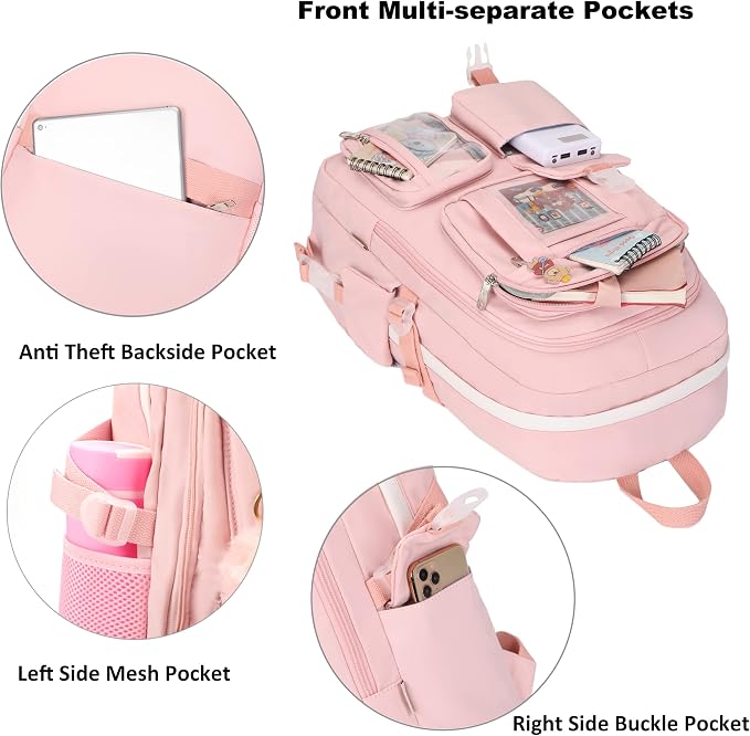 LXYGD Laptop Backpacks 16 Inch School Bag College Backpack 3 PCS with Lunch Box Pencil Pouch Set Large Travel Daypack Kawaii Bookbags for Teens Girls Women Students (Pink) - Image 3