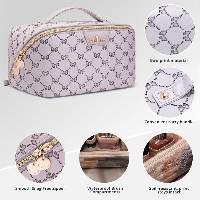 Travel Makeup Bags for Women: 3 Pcs Set Luxury Bow Print Make up Bag - Large Capacity Cute Cosmetic Case - 3–15 Day Travel Toiletry Organizer Bag, Comes with An Gift Box(Moon mist gray) - Image 3