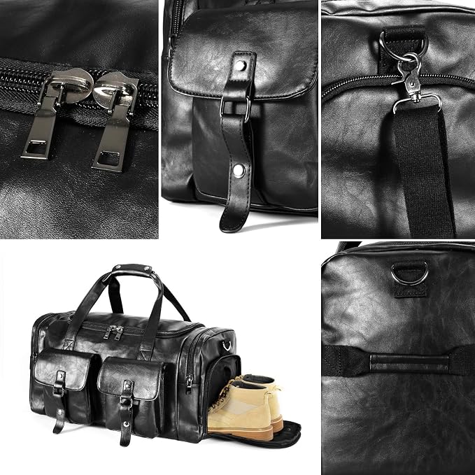 Zeroway Travel Duffel Bag with Shoe Pouch, PU leather Carry on Bag Weekender Overnight Bag for Men Women Black - Image 6
