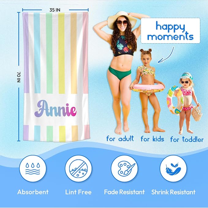 JML Personalized Beach Towel with Name, Custom Rainbow Cabana Stripe Beach Towel, Customized Microfiber Pool Towel, Quick Dry & Absorbent Swim Towel for Adult,Anniversary, Birthday, Summer Holiday - Image 3