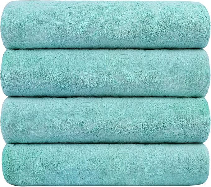 JML Microfiber Bath Towels, Bath Towel 4 Pack(30" x 60"), Oversized, Soft, Super Absortbent and Fast Drying, Multipurpose Use for Sports, Fitness, Yoga, Green-Floral Embossed by JML