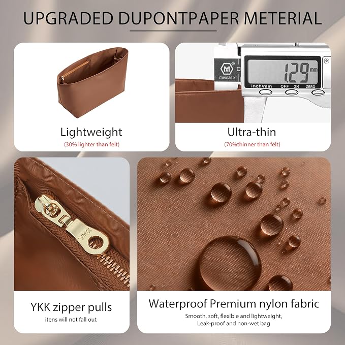 Doxo Purse Organizer Insert for LV Neverfull MM, Premium Nylon Bag Organizer with YKK Zipper & Laptop Sleeve & Bottle Holder, Multi Compartments Lightweight Waterproof Handbag Interior Divider, Brown - Image 5