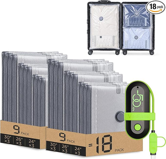 Vacbird Travel Vacuum Bags with USB Electric Pump, 18 Pack Vacuum Bags for Travel, Compression Vacuum Packing Bags for Luggage & Suitcase, Space Saving Travel Bags for Clothes and Clothing,Carry-On by Vacbird