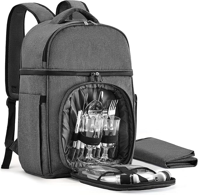 Vogano Picnic Backpack & Accessories – Insulated Picnic Set for 2 Person with Dual Compartments, Lightweight Blanket, Cutlery Set, for Newlyweds and Couples Gifts Grey by Vogano
