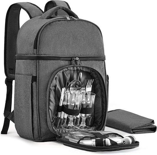 Vogano Picnic Backpack & Accessories – Insulated Picnic Set for 2 Person with Dual Compartments, Lightweight Blanket, Cutlery Set, for Newlyweds and Couples Gifts Grey by Vogano