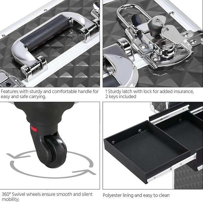 Yaheetech Rolling Makeup Train Case with a Drawer Nail Trolley Black/Silver | Sturdy ABS & aluminum nail cart organizes beauty supplies in side trays and a drawer, rolls smoothly & lockable for travel - Image 6