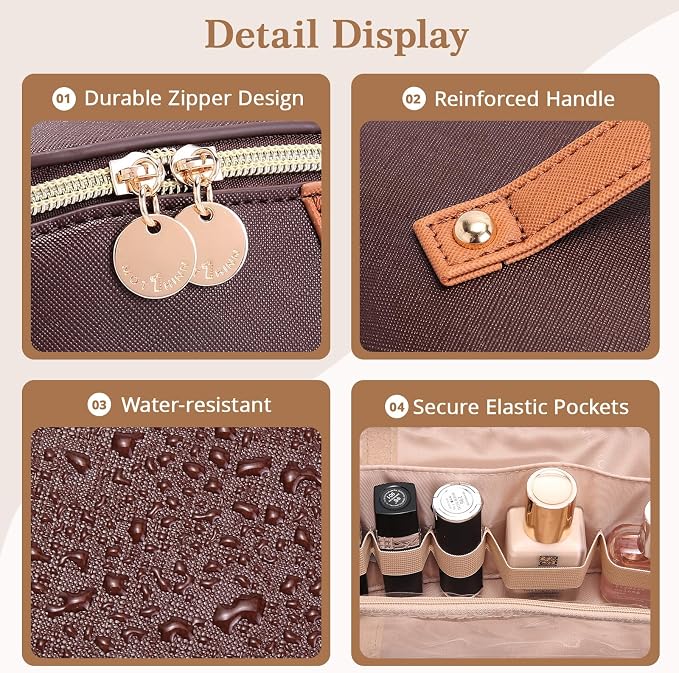 Travel Makeup Bag for Women: 3-in-1 Large Capacity Cosmetics Organizer with 2 Detachable Pouch - Vegan Leather Flat Open Toiletry Bag - Travel Essentials for Full-Sized Bottles(Coffee) - Image 4
