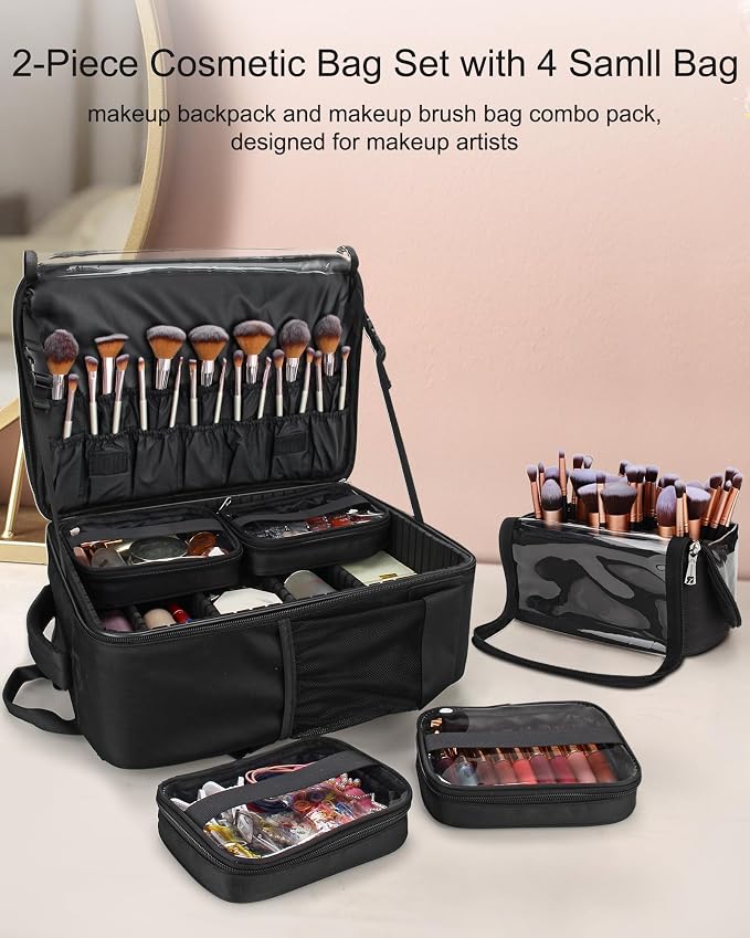 TANTO Makeup Backpack Makeup Artist Bag Professional Extra Large Cosmetic Bags Travel Train Case Storage Organizer Double-Layer Cosmetic Case with 4 Pouch and Brush Organizer (Black, two piece) - Image 2