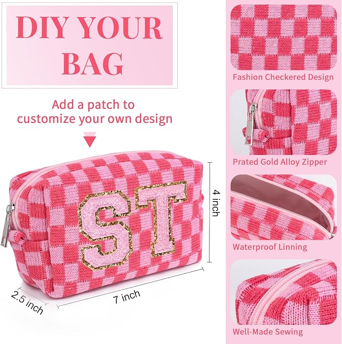 SOIDRAM Checkered Makeup Bag Preppy Cosmetic Bag Bulk Pink Makeup Pouch Personalize Travel Toiletry Bag Organizer Cute DIY Makeup Brushes Storage Bag for Women - Image 3