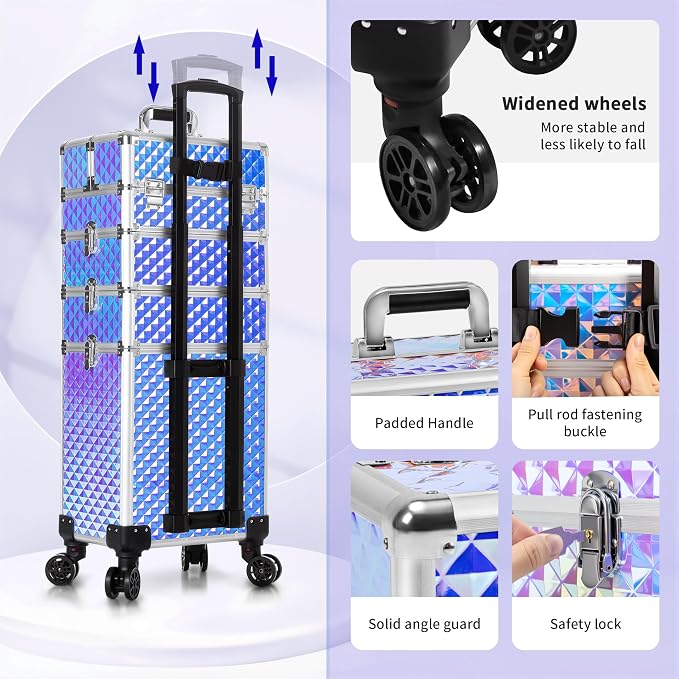 AROUS Rolling Makeup Train Case 4 in 1 Cosmetology Case on Wheels Large Storage Cosmetic Trolley with Key Salon Barber Case Traveling Cart Trunk, Colorful - Image 6