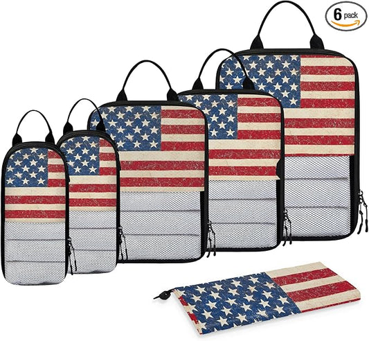 American USA Flag Vintage Compressible Packing Cubes for Suitcase 6 Set Lightweight Expandable Compression Packing Travel Luggage Organizer by BICUUZHI