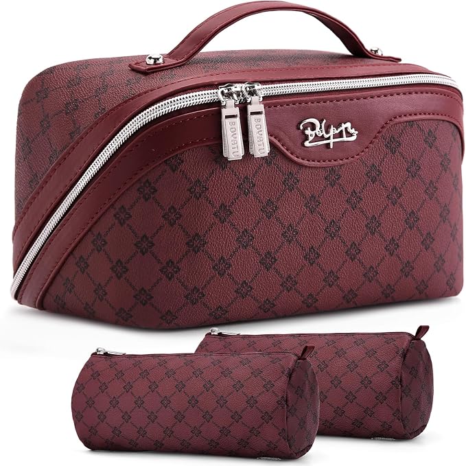 BOYATU Travel Makeup Bag Cosmetic Bags for Women: 3 Pcs Set Large Capacity Make up Bag with Handle - Vegan Leather Toiletry Bags with Compartments - Makeup Organizer for Travel Essentials(A-10-Red) by BOYATU