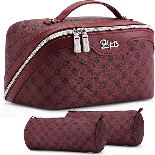 BOYATU Travel Makeup Bag Cosmetic Bags for Women: 3 Pcs Set Large Capacity Make up Bag with Handle - Vegan Leather Toiletry Bags with Compartments - Makeup Organizer for Travel Essentials(A-10-Red) by BOYATU