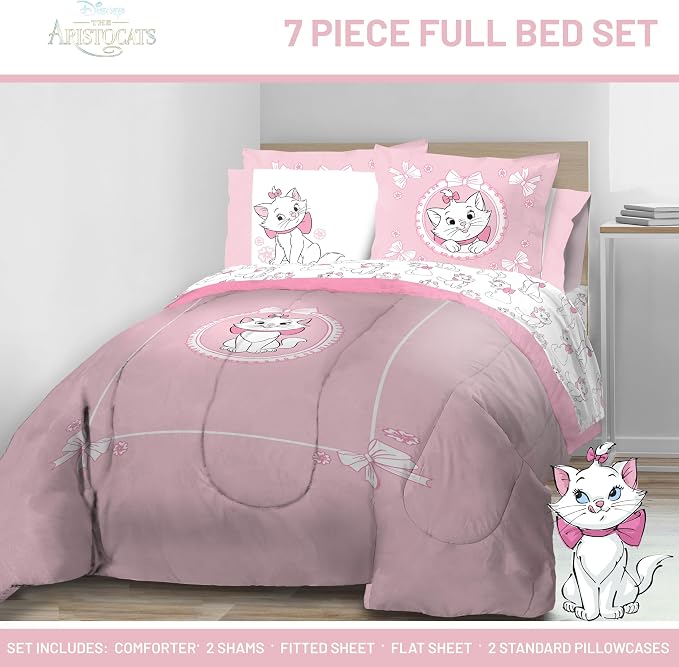 Disney Aristocats Marie Full Comforter Set 7 Piece Kids Bedding, Pink | Bed in a Bag, Comforter Sheets Shams Pillowcases, Official Brand, Soft Microfiber, Machine Washable, Girls Gift - Image 2