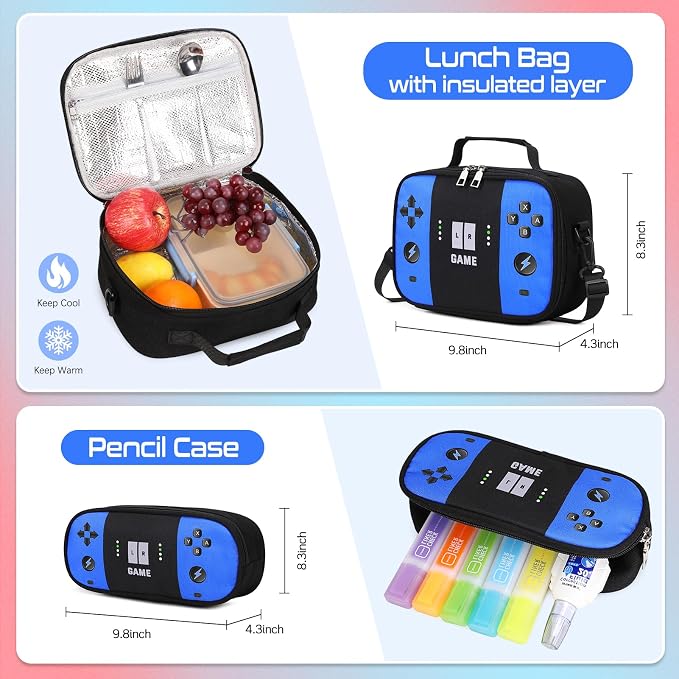 Jafeton Gamer Backpack for Boys, 3PCS Boys Backpack with Lunch Box & Pencil Pouch, Waterproof School Bags for Boy Kids Children Teens, Elementary Middle School, Kids Book Bag Casual Daypack (Blue) - Image 6
