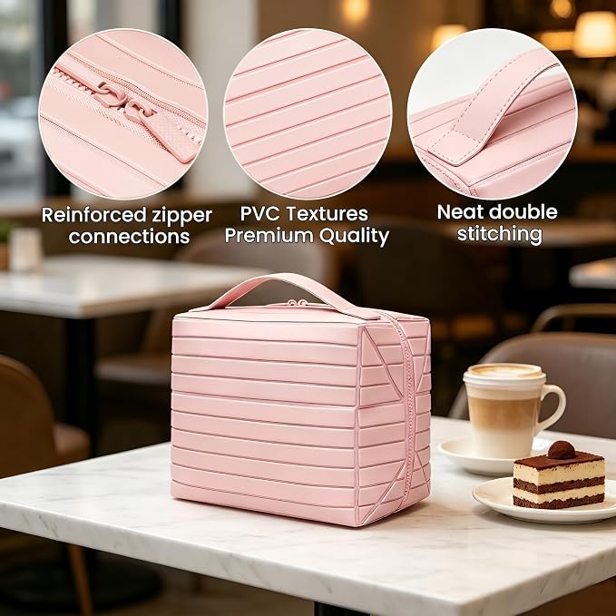 Fold Down Standing Makeup Bag – Large Travel Toiletry Organizer (Pink) | Parallel Design and Adjustable Dividers, Stands Upright or Folds Flat. Multiple Pockets Fit Full‑Size Cosmetics & Toiletries. - Image 4