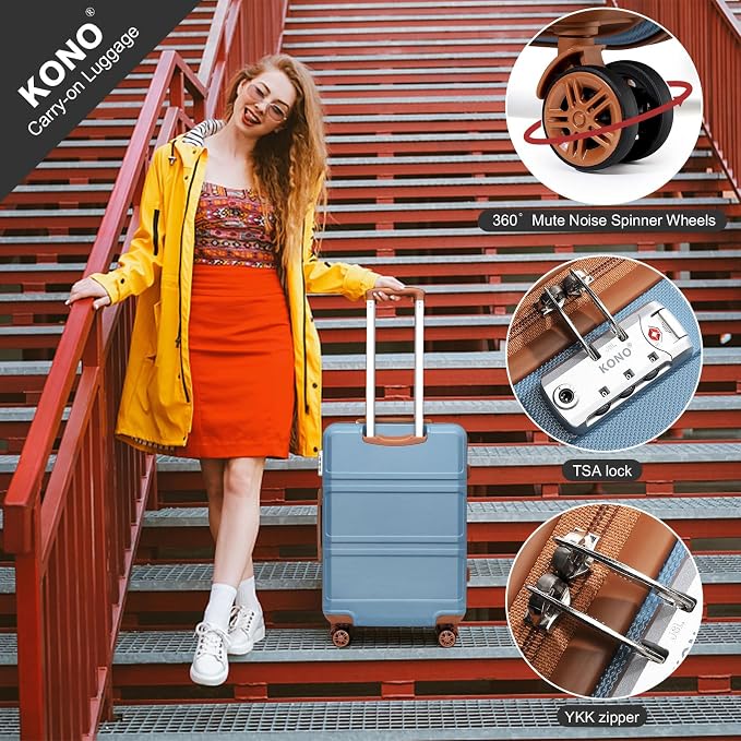 Kono Luggage Set 4 Piece Carry On Hardside Luggage with Spinner Wheels | Lightweight PC+ABS Carry On Suitcase with TSA Lock Apricot Blue - Image 4