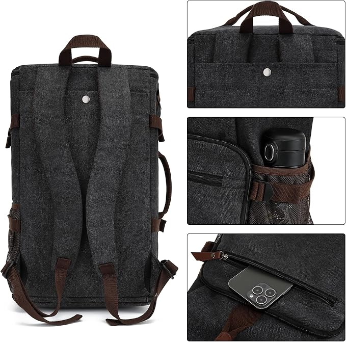 Kalesi Gym Duffle Bag Backpack 4-Way Vintage canvas with Shoes Compartment for travel Sport Hiking laptop (Vintage black) - Image 3