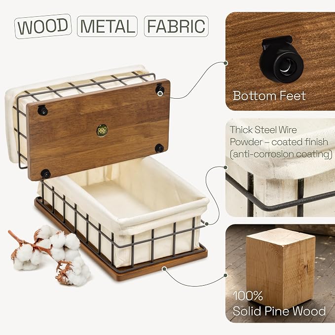 BAOBAB WORKSHOP Wooden Bathroom Basket Organizer & Storage, Toilet Paper Basket for Back of Toilet Tank Topper Tray, Paper Holder Basket for Bathroom Decor Box with Liners, Solid Wood & Wire, Set of 2 - Image 3