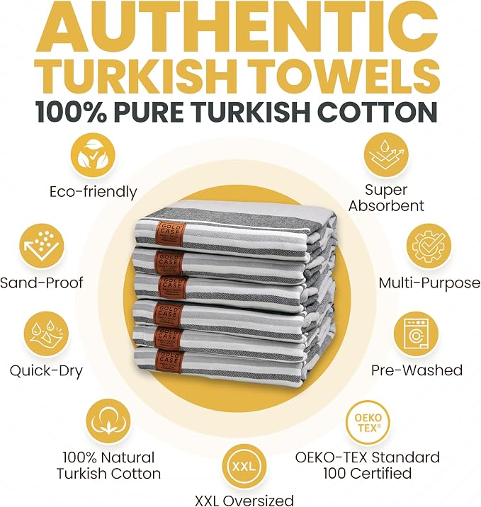 Gold CASE Turkish Beach Towel Set of 6 – 100% Cotton Large Turkish Bath Towels 70 x 38'' – OLYMPOS Oversized, Quick Dry & Sand Free Beach Towel – Lightweight Towels Set - Black - Image 4