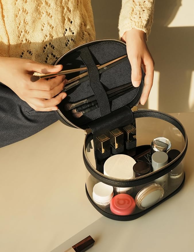 Popvibe Travel Makeup Bag Clear Compact Make Up Vanity Case with Brush Storage and Top Handle, Toiletry Makeup Case Traveling Leather Cosmetic Bag, Portable Medium Large Sized Train Case, Black - Image 6