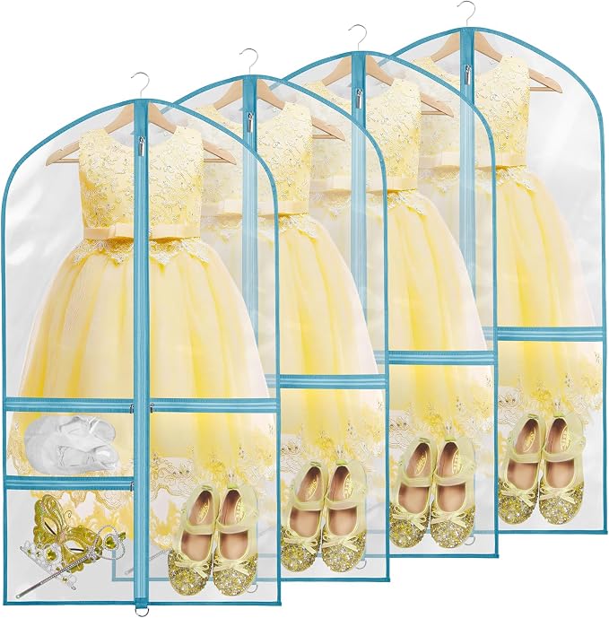 Zilink Clear Dance Costume Garment Bag 40” Dance Competition Bag Waterproof Dance Garment Bag with 3 Clear Zipper Pockets，Set of 4 (Clear/Blue) by Zilink