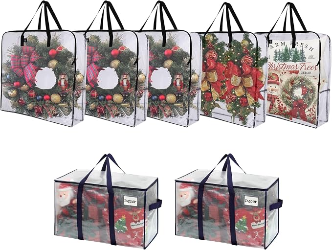 VENO 7 Pack Christmas Decoration Storage Bundle (5 Pack Wreath Storage Bag Garland Container+ 2 Pack Wrap-Around Handles Bags) by Veno
